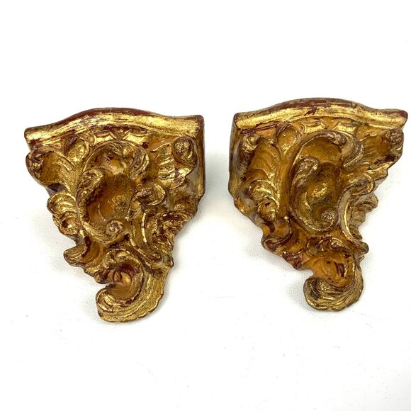 Italy Other - Pair Of Vintage Ornate Rococo Gilt Wood Wall Shelves Brackets Italy